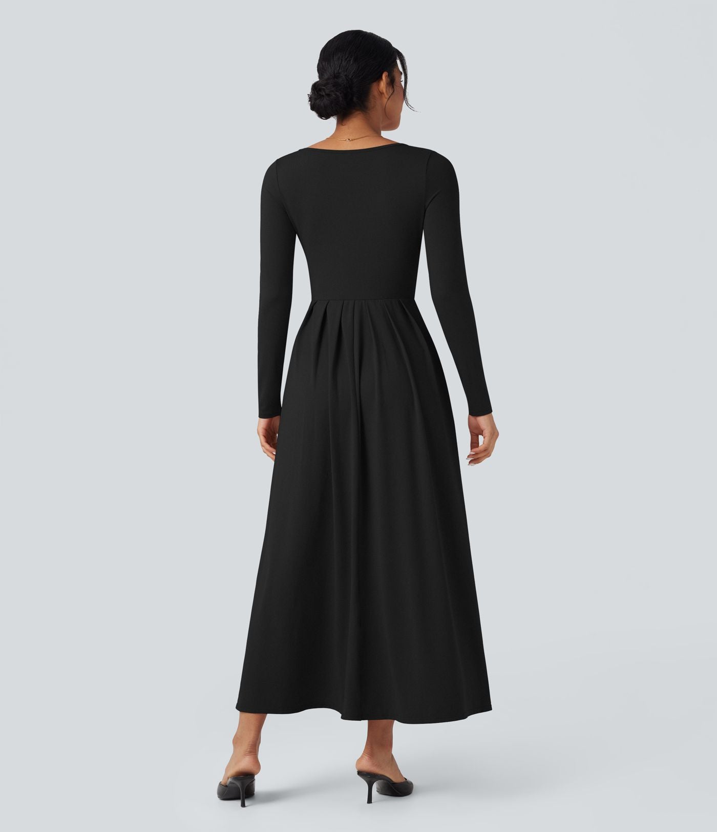 Robe longue décontractée évasée col rond plongeant manches longues avec poches