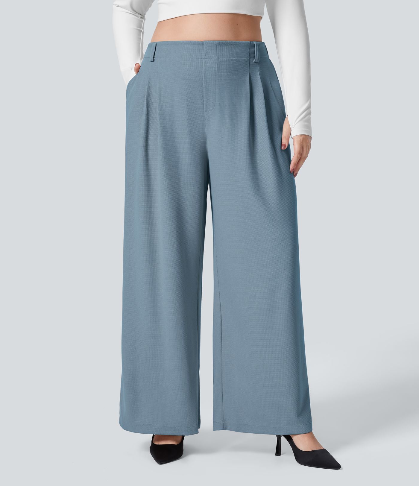 Halara Flex™ Pantalon tailleur Grande taille à Taille Haute, Poches Latérales Plissées, Jambes Larges, en Tissu Gaufré