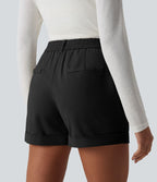 Short chino casual ample coton taille mi-haute à ourlet retroussé avec poches