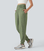 Jogging taille haute froncé chiné avec poches