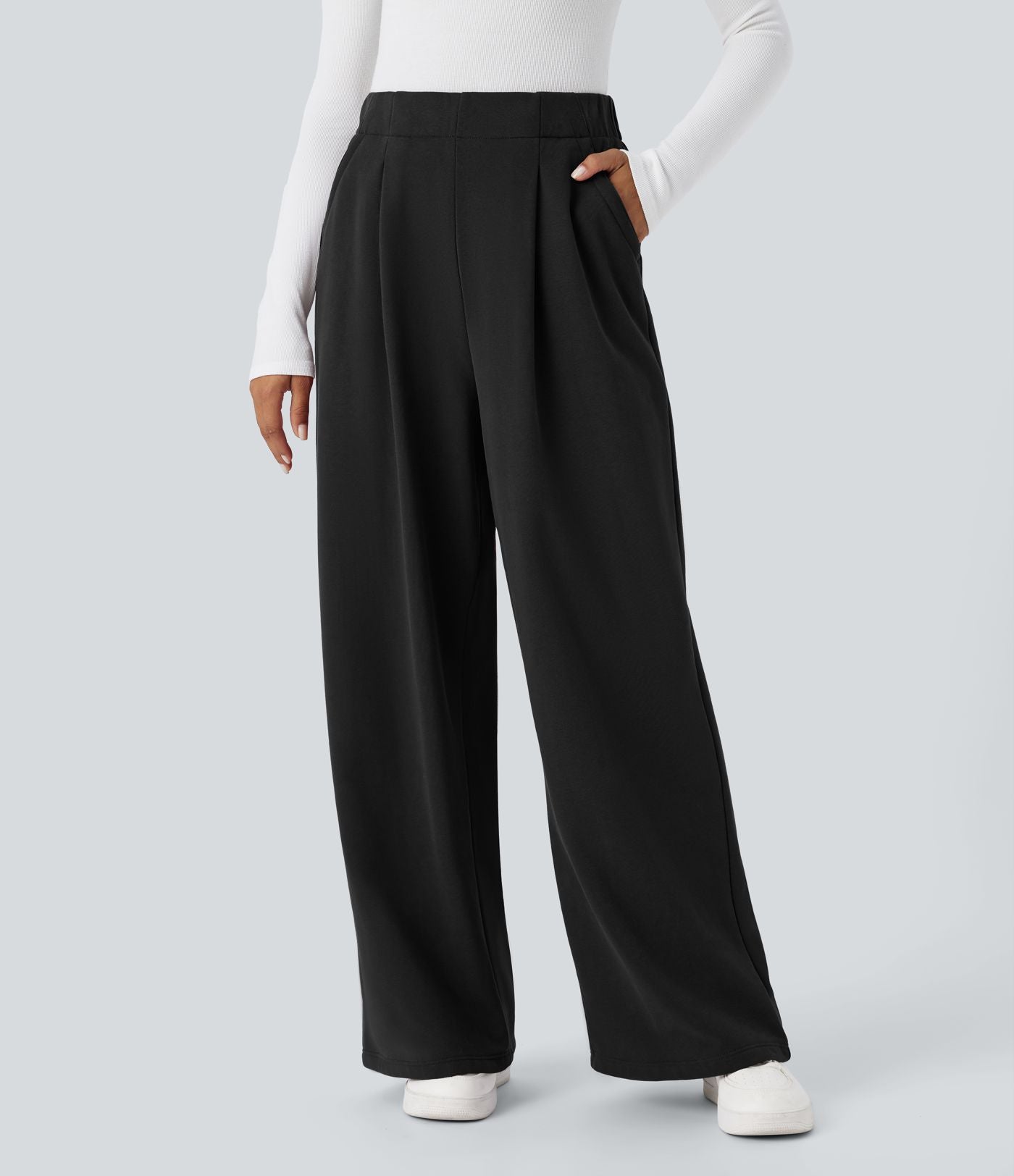 Pantalon Jogging Thermique Taille Haut Jambes Larges Poche Latérale Plissée en Fleece