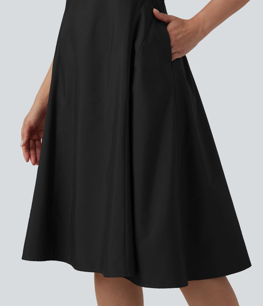 Robe mi-longue évasée de travail col cranté sans manches avec poches