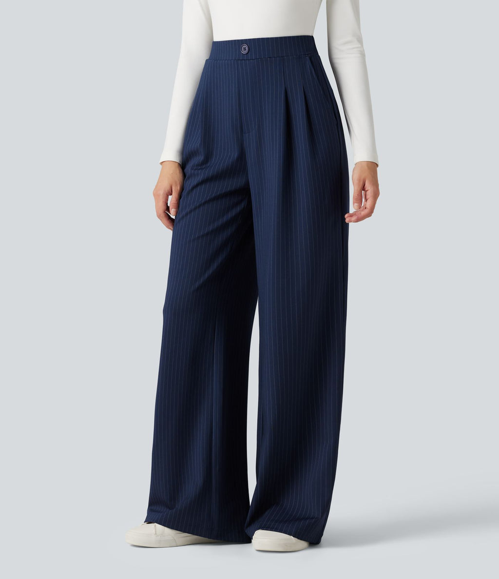 Pantalon tailleur large taille haute à rayures avec boutons décoratifs et poches