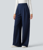 Pantalon tailleur large taille haute à rayures avec boutons décoratifs et poches