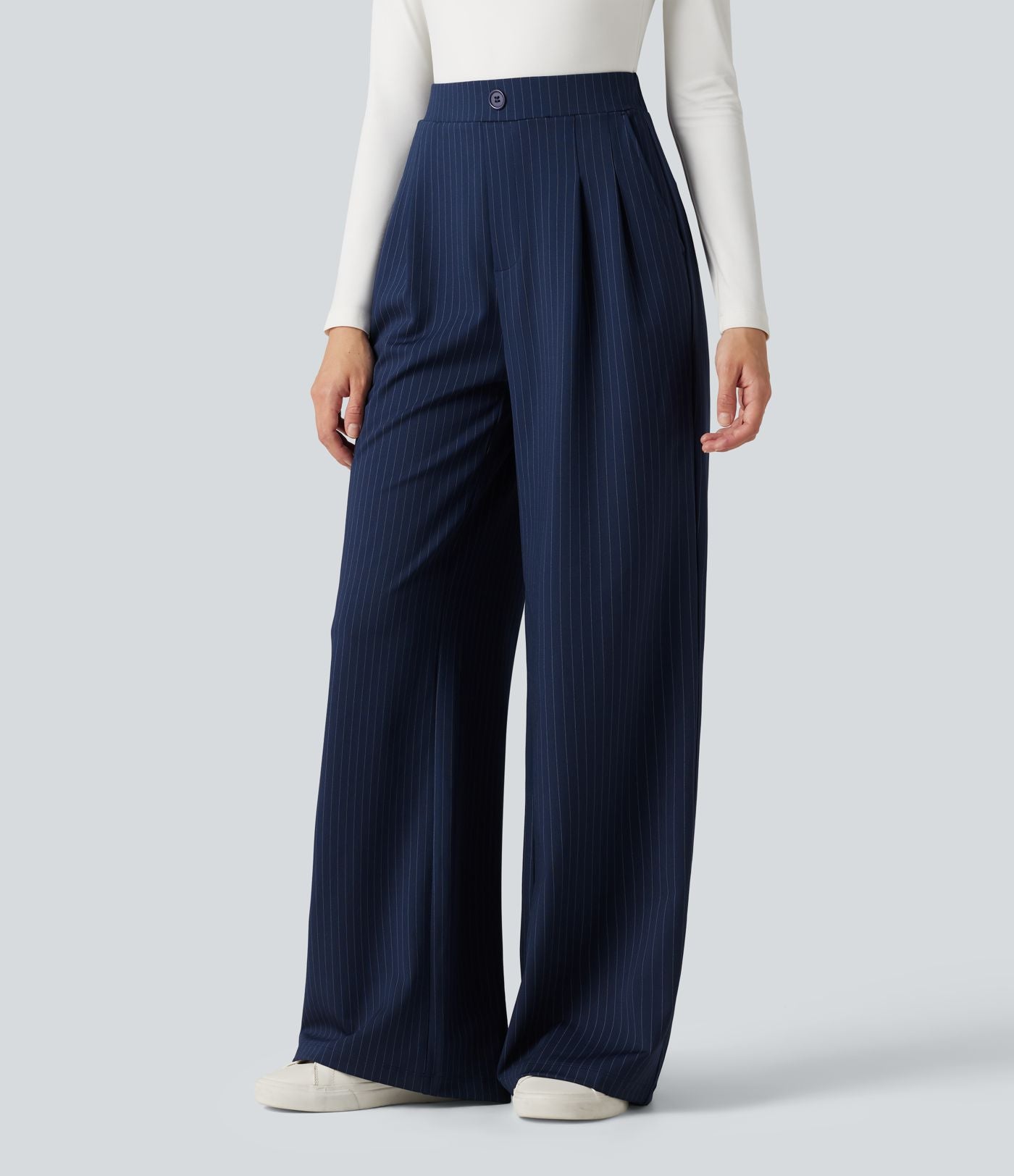 Pantalon tailleur large taille haute à rayures avec boutons décoratifs et poches