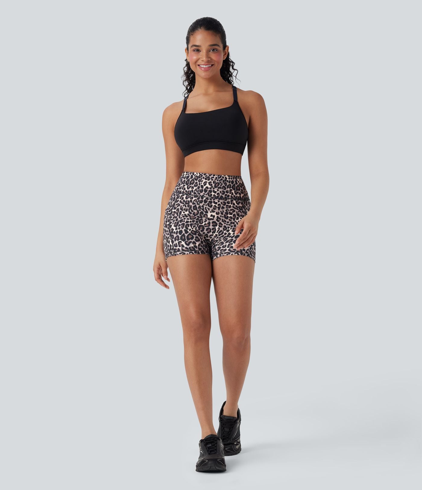 Short cycliste yoga 3'' taille haute imprimé léopard avec poches