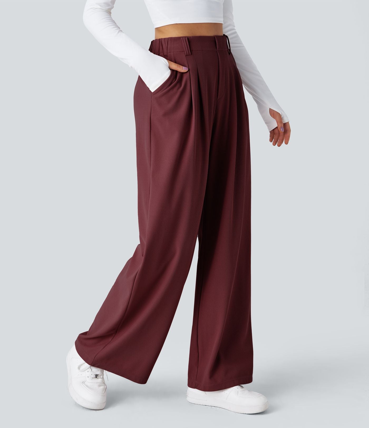 Pantalon Tailleur Large Fluide Halara Flex™ Gaufré Taille Haute Poches Latérales
