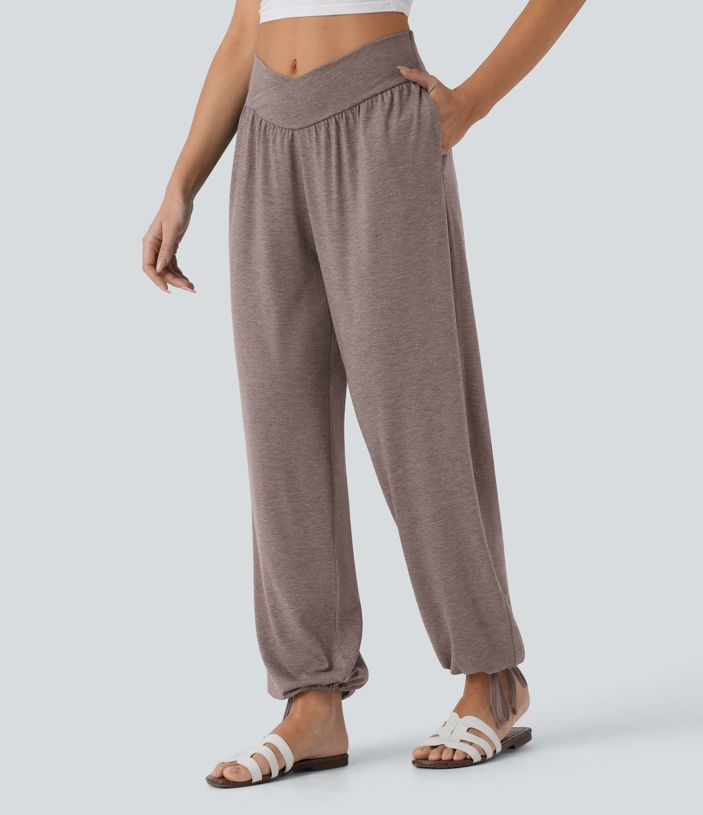 Pantalon de jogging décontracté à taille haute croisée avec poches latérales et cordon de serrage