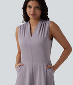 Robe mi-longue plissée col V sans manches avec fermeture éclair invisible et poches pour le travail