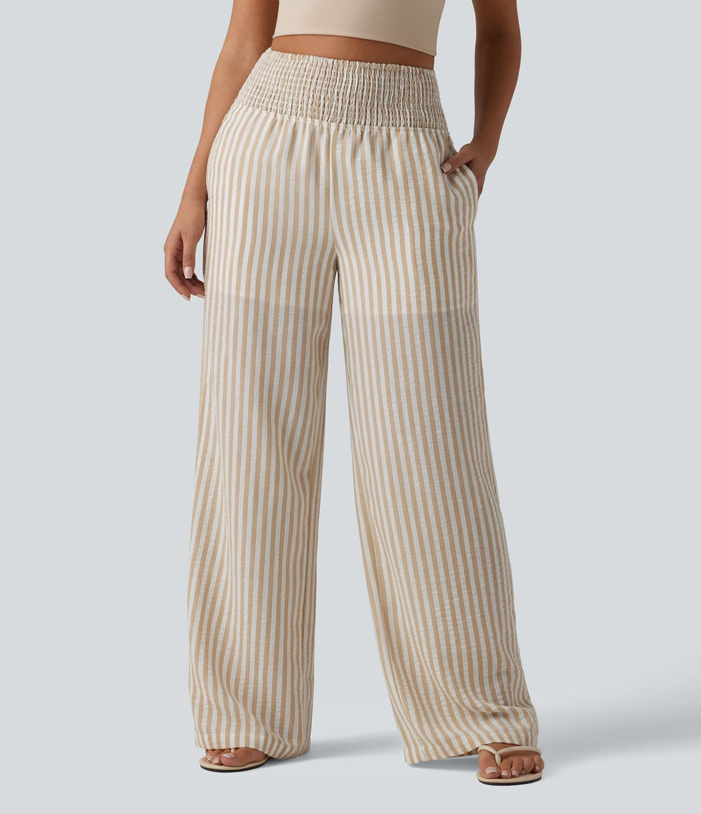 Pantalon coupe droite décontracté 2 en 1 taille haute froncé à rayures aspect lin avec poches