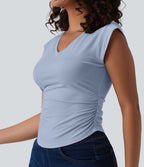 T-shirt décontracté col V manches courtes ourlet arrondi froncé