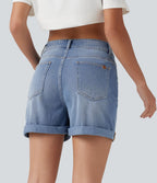 Short denim décontracté Halara Flex™ asymétrique délavé taille haute ourlet roulotté avec poches