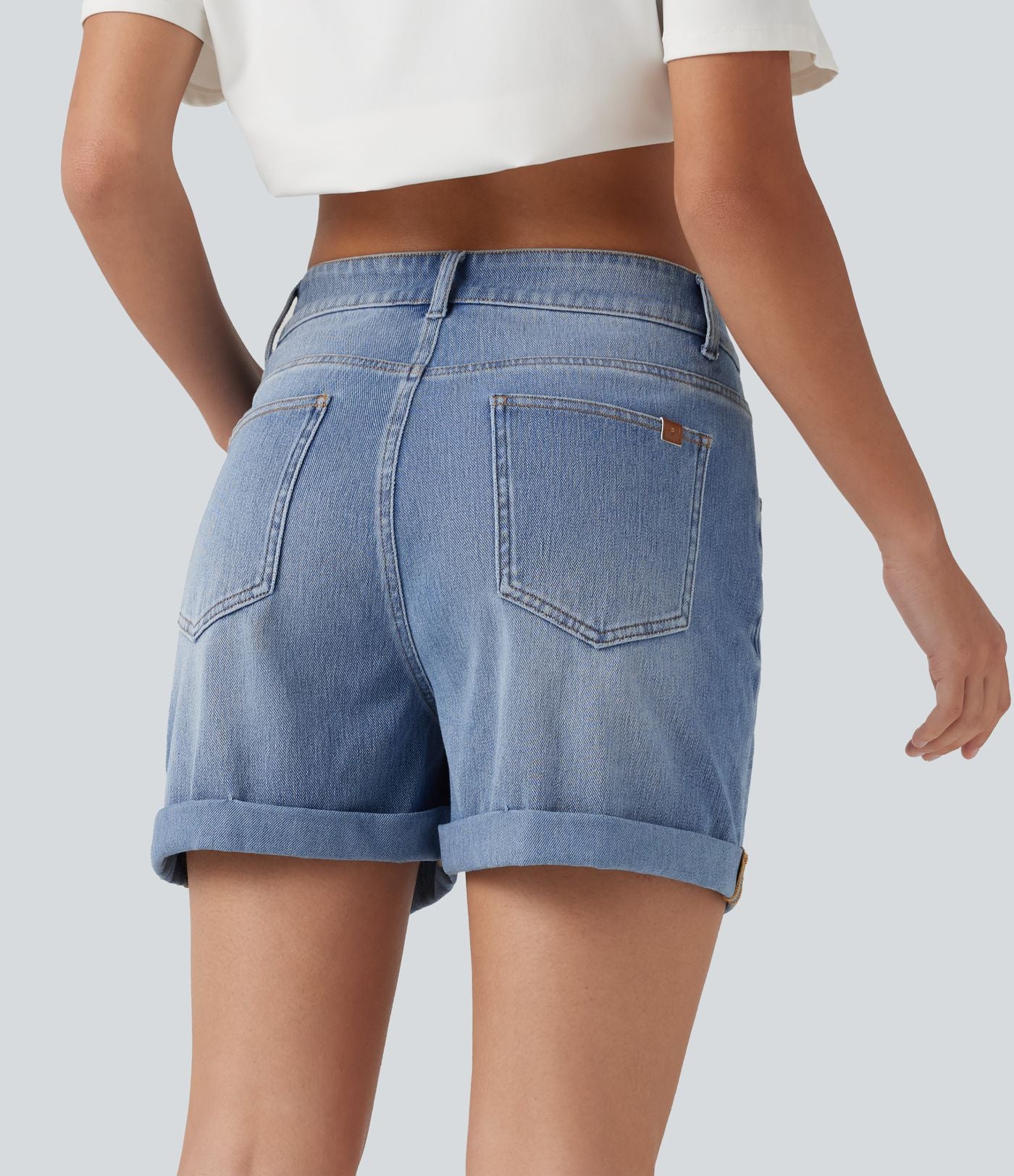 Short denim décontracté Halara Flex™ asymétrique délavé taille haute ourlet roulotté avec poches