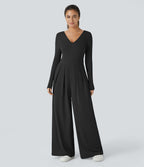 Combinaison Casual à Manches Longues Décolleté en V et Dos Nu Avec Poches Latérales Plissées et Jambes Larges