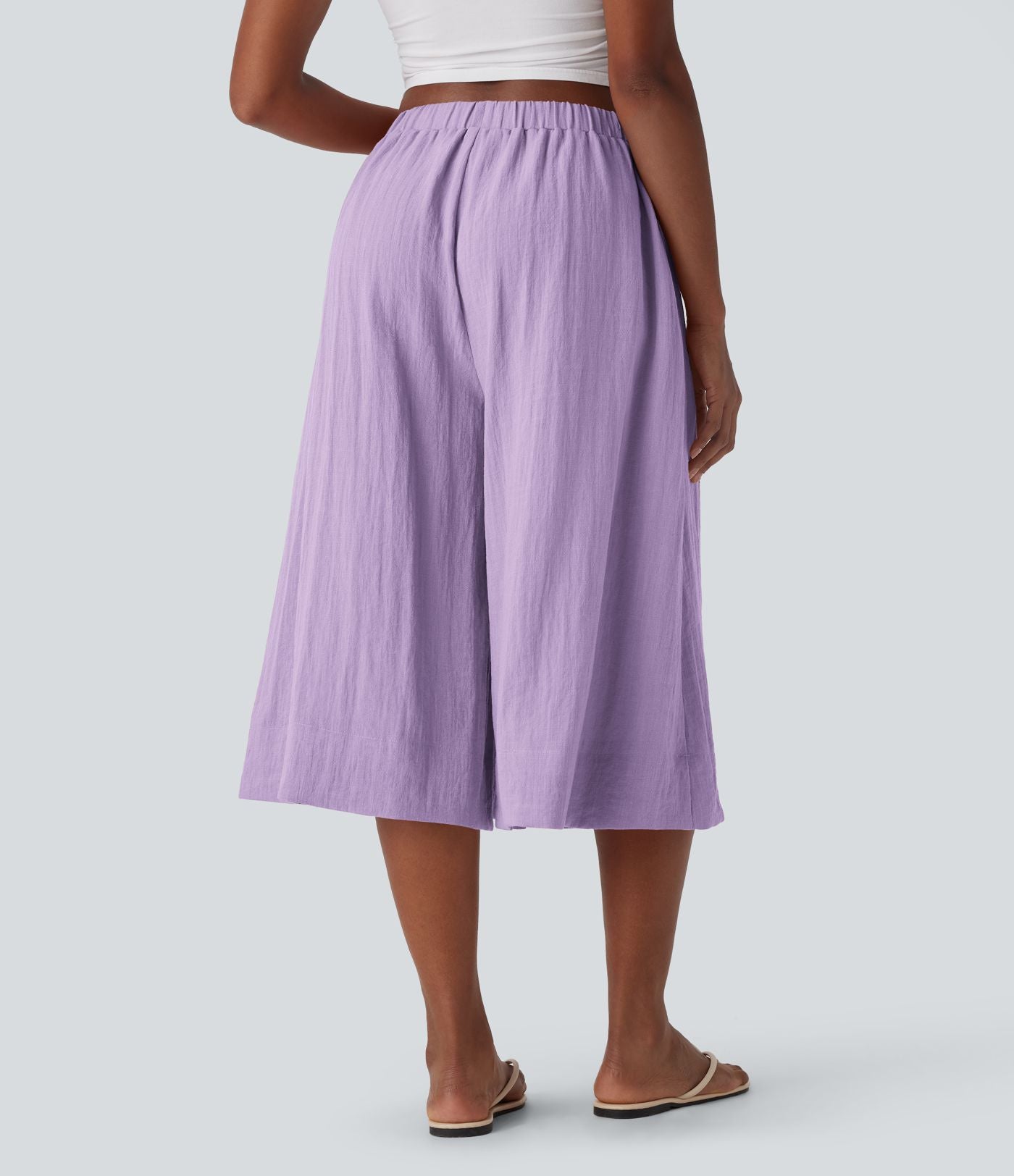 Pantalon fluide large taille mi-haute effet lin avec poche