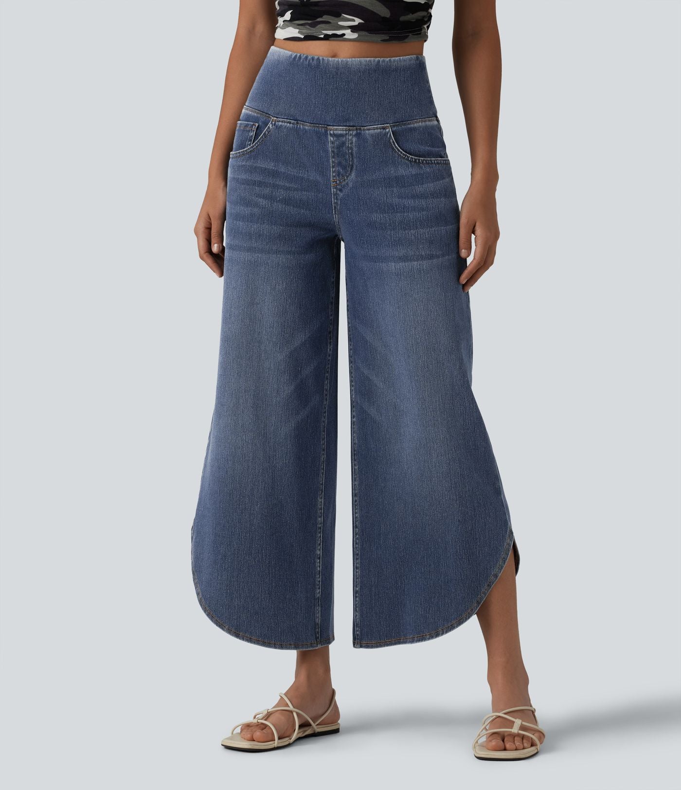 Halara Flex™ Jean large casual 7/8 ventre plat taille haute avec ourlet arrondi et poches