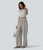 Pantalon casual large fluide mélange lin taille haute avec cordon de serrage et poches