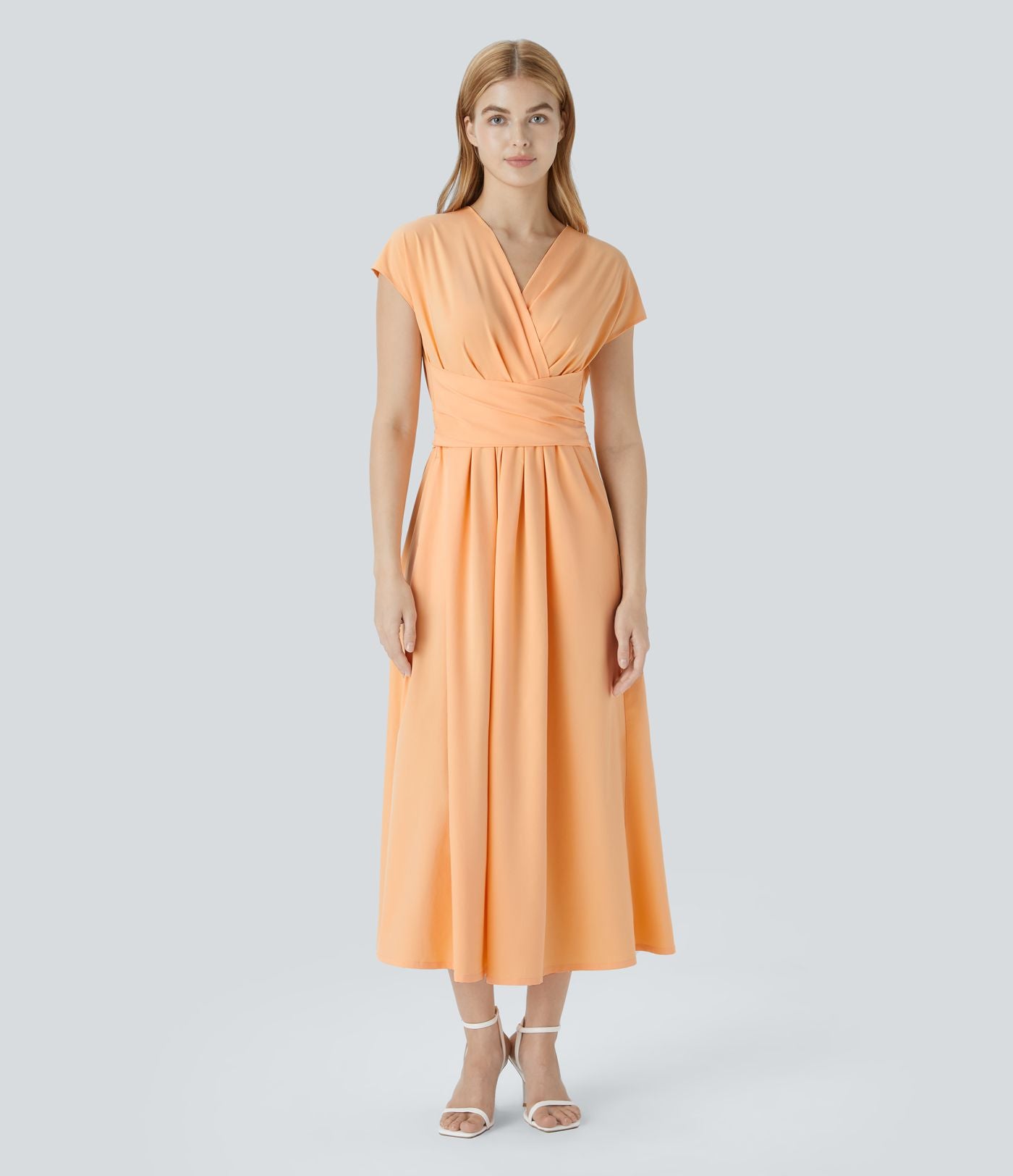 Breezeful™ Robe Mi-Longue Col en V Manches Courtes Poche Latérale Nouée au Dos Séchage Rapide
