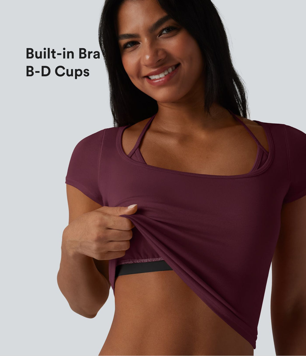 T-shirt crop décontracté côtelé dos nu à nouer avec soutien-gorge intégré manches courtes