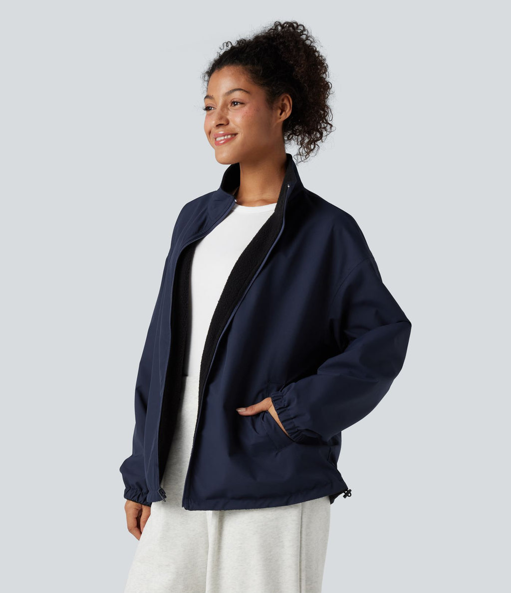 Veste polaire randonnée réversible col montant fermeture éclair manches longues avec poches (Deux looks en un)