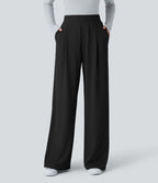 Halara Flex™ Pantalon Tailleur en tissu gaufré à taille haute, jambes larges, poches latérales et plis décoratifs
