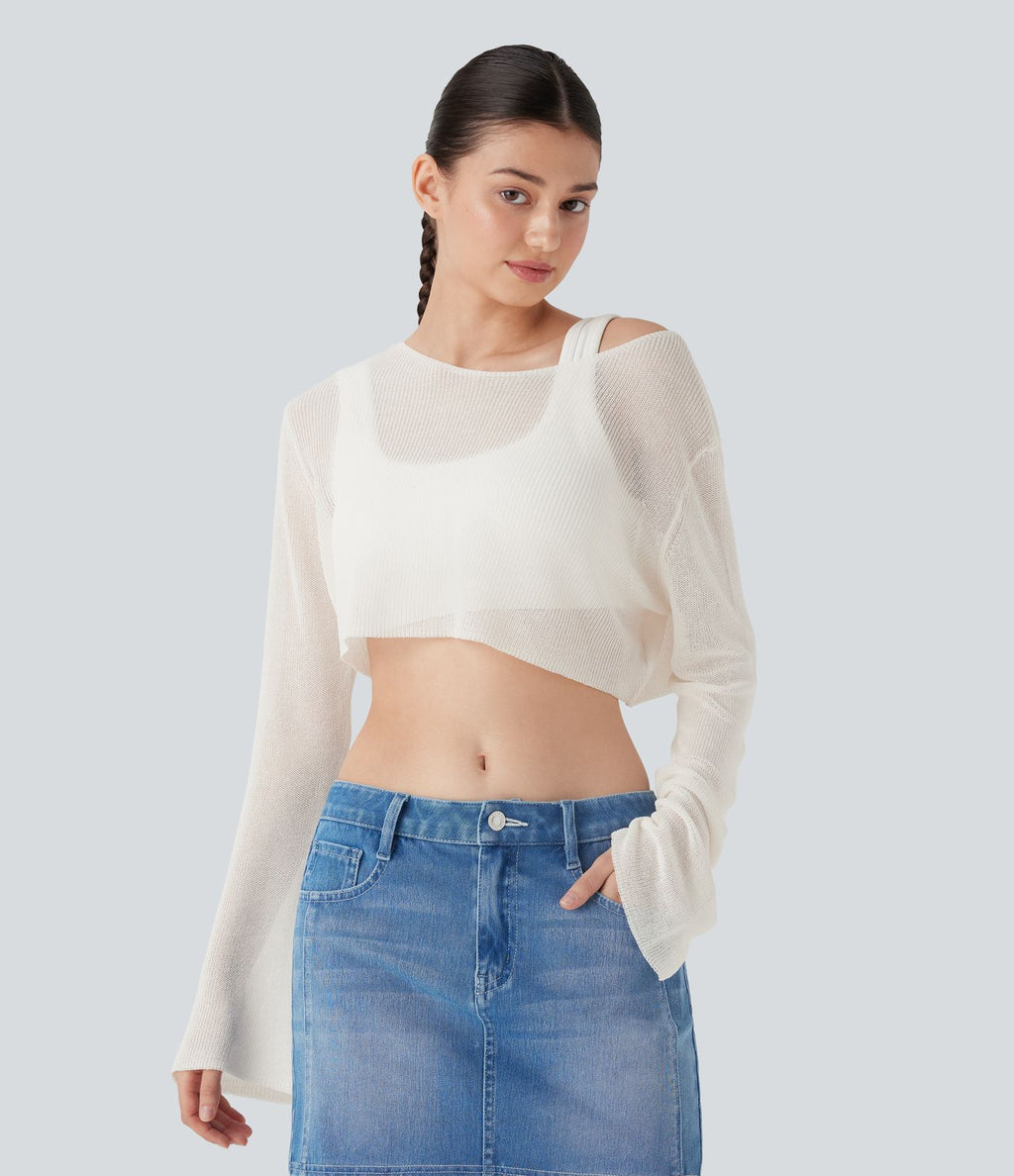 Pull décontracté transparent crop top encolure arrondie avec manches volantées