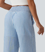 Pantalon coupe droite décontracté 2 en 1 taille haute froncé à rayures aspect lin avec poches
