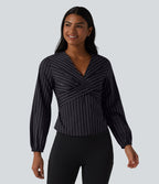Blouse de travail rayée à col V, manches longues et dos noué