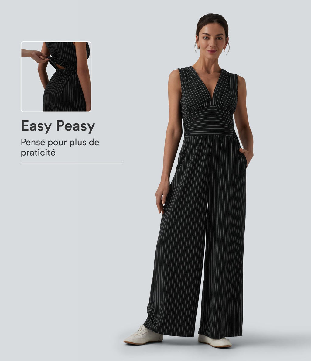 Combinaison tailleur col V sans manches à rayures et fronces avec poches - Easy Peasy