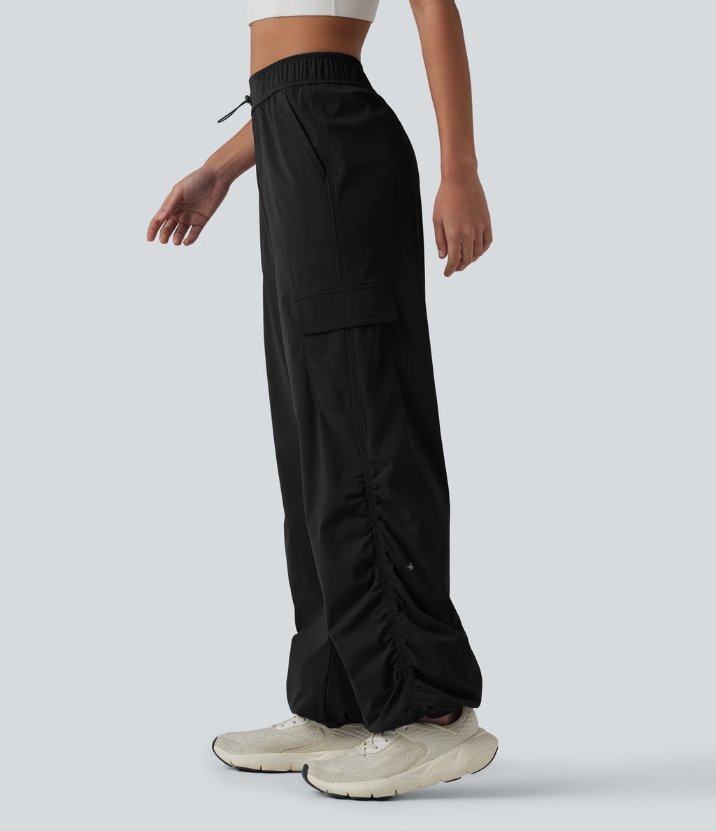 Jogging cargo de course taille mi-haute ajustable avec cordon de serrage, froncé, séchage rapide et poches