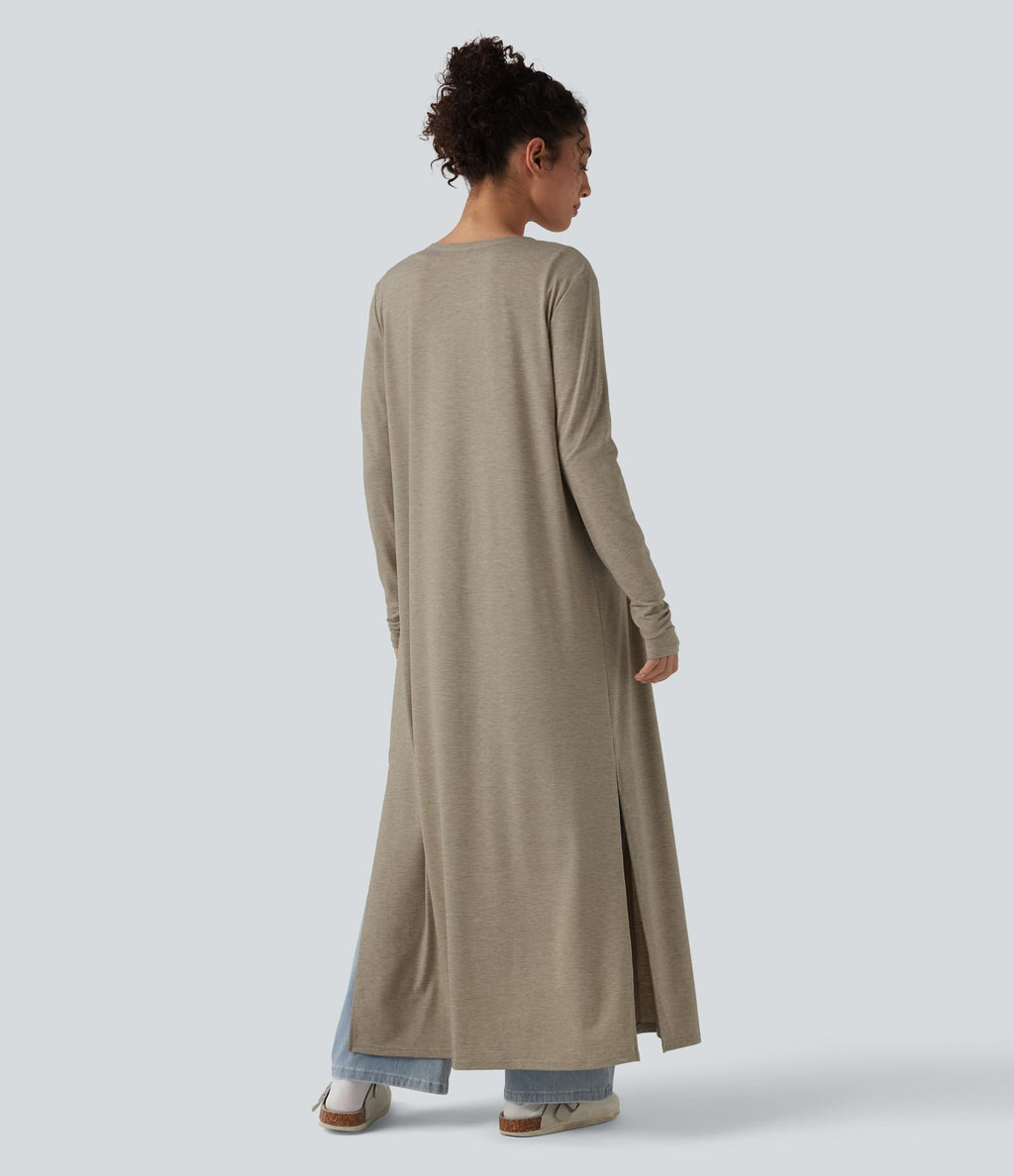 Manteau long décontracté à manches longues chiné avec fentes latérales