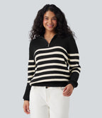 Pull décontracté color block rayé col revers demi-fermeture éclair