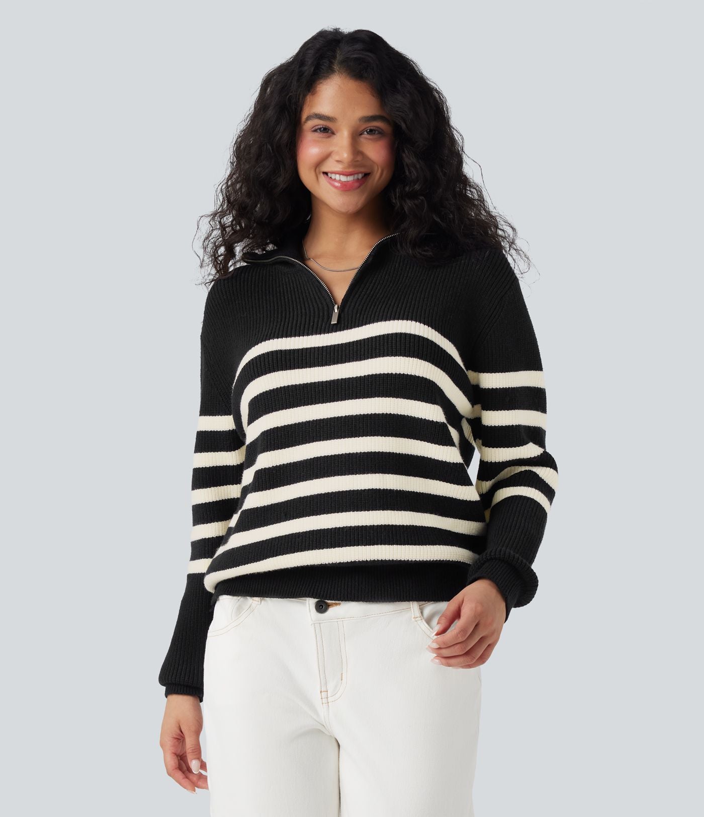 Pull décontracté color block rayé col revers demi-fermeture éclair