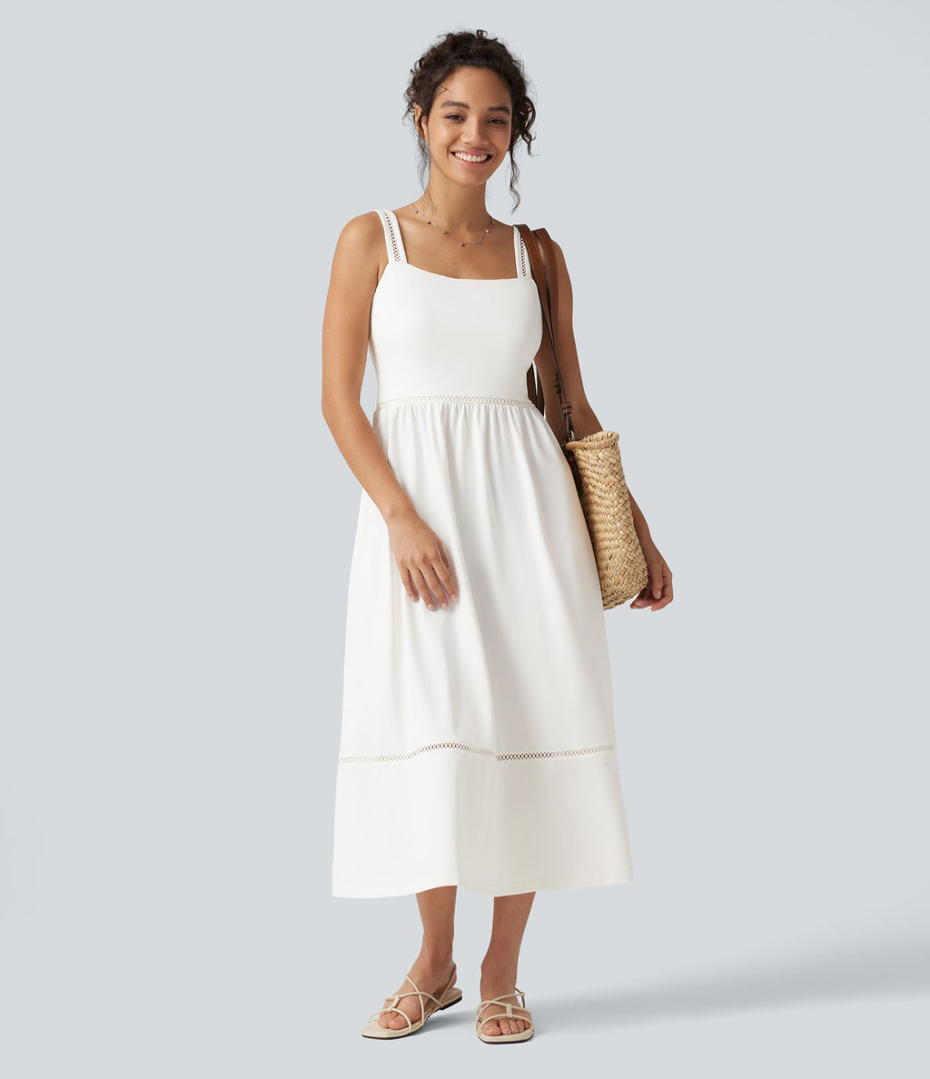 Robe midi fluide de vacances coupe trapèze à col carré avec découpes et poches