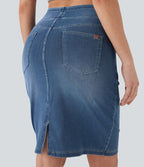 Halara Flex™ Jupe en Jean décontractée stretch délavé à taille haute, multiples poches et fente latérale
