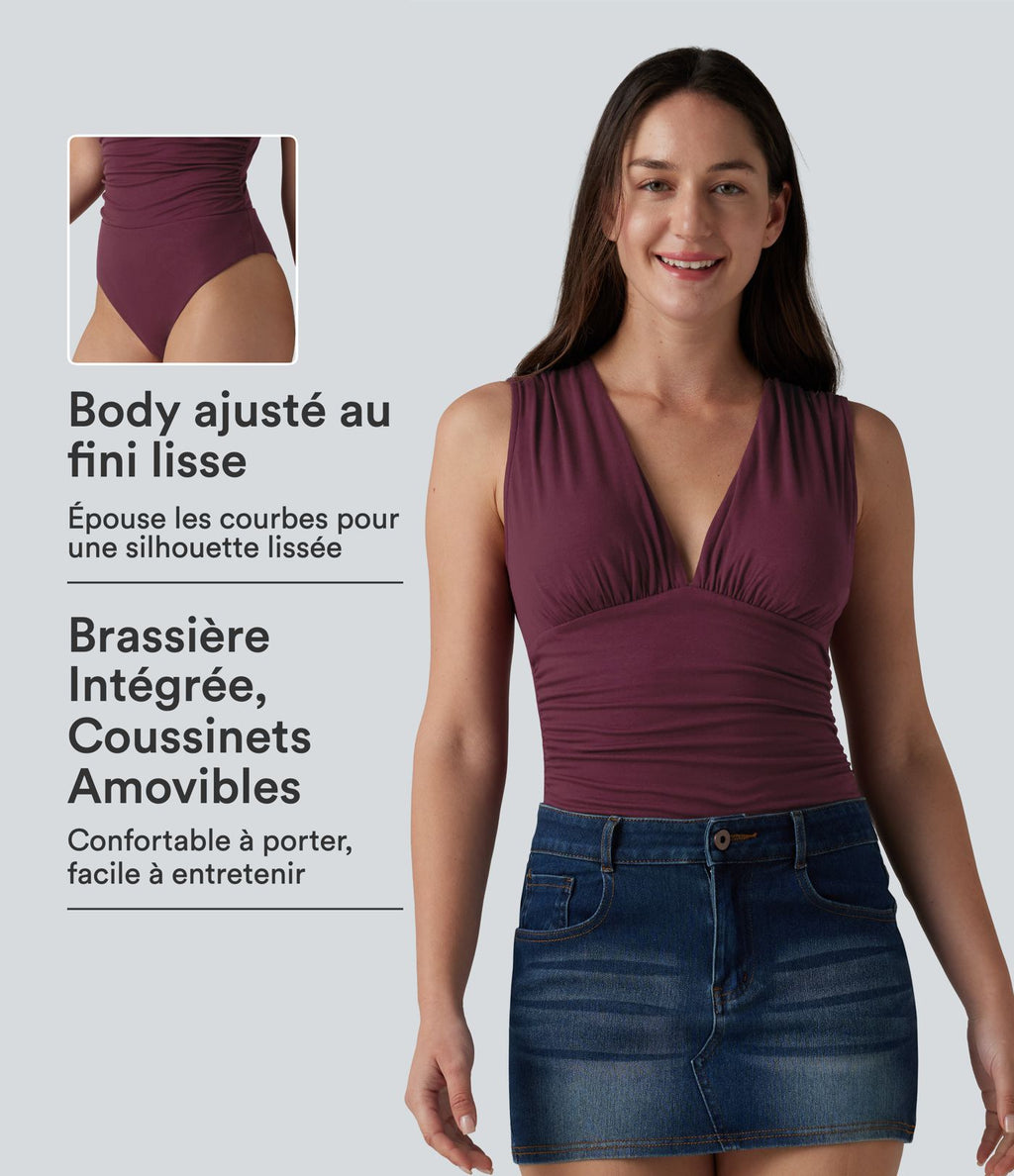 Body côtelé sans manches à col V avec fronces et coussinets amovibles