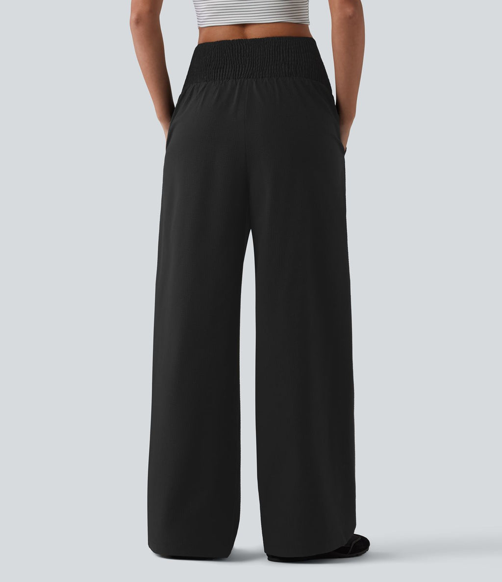 Pantalon large taille haute en tissu froissé froncé séchage rapide avec poches