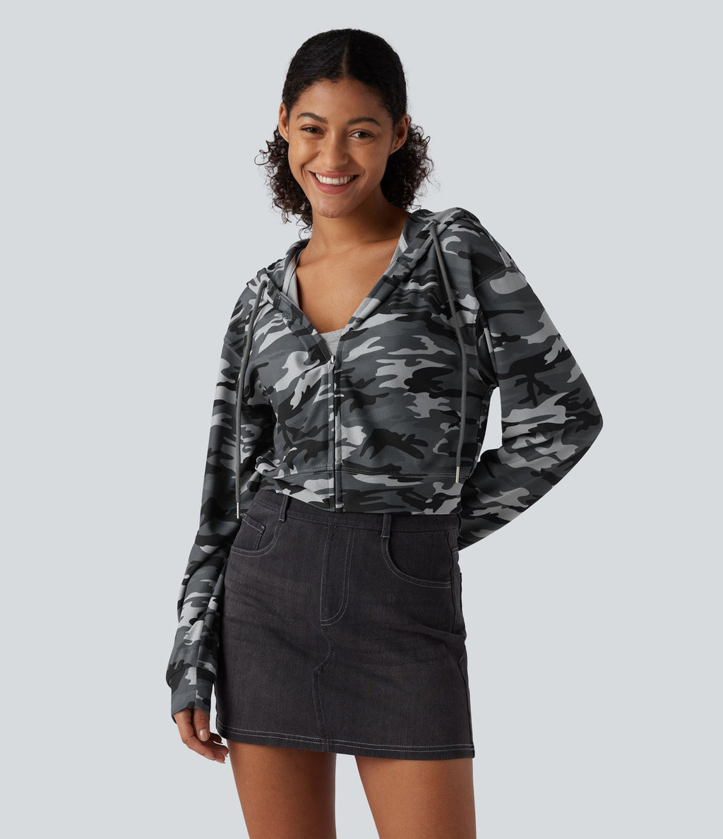 Sweat-shirt décontracté court à capuche, manches longues, motif camouflage et tissu gaufré