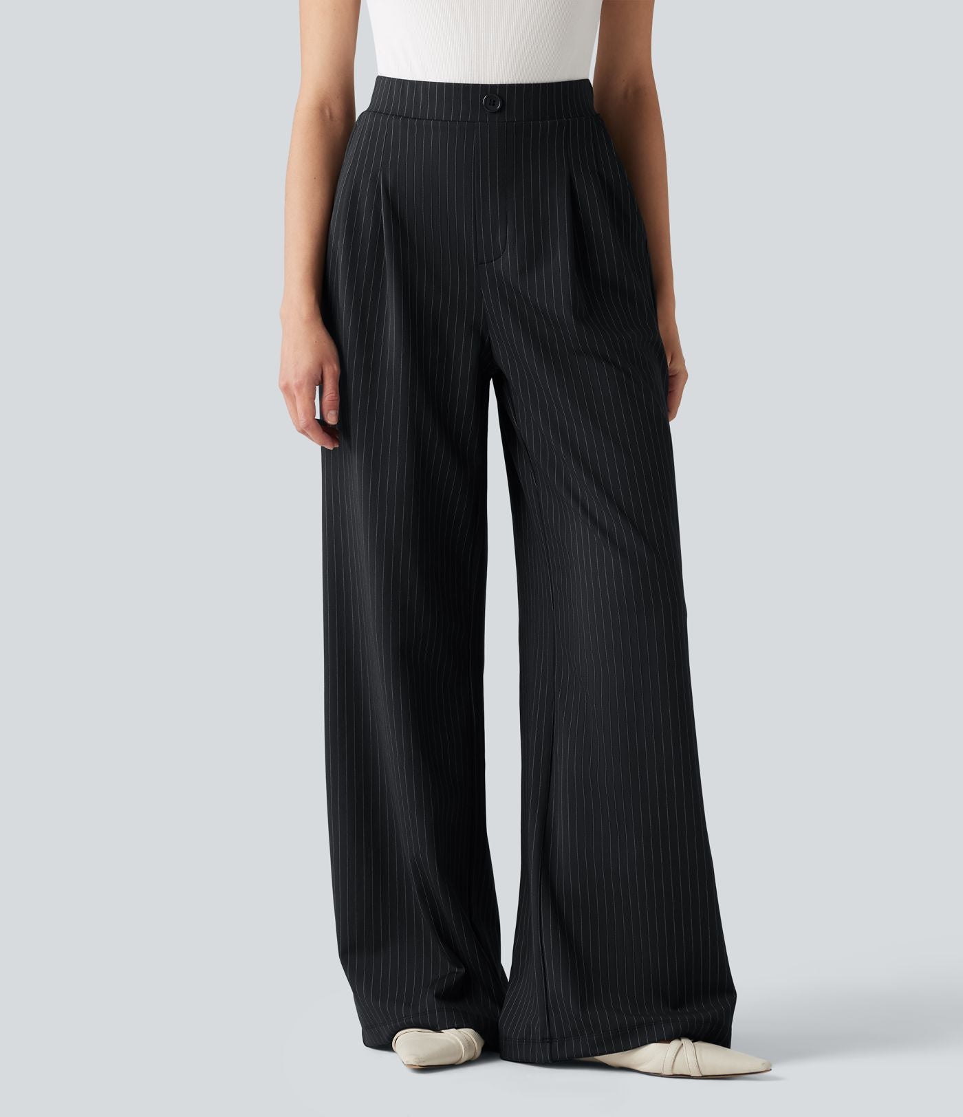 Pantalon tailleur large taille haute à rayures avec boutons décoratifs et poches