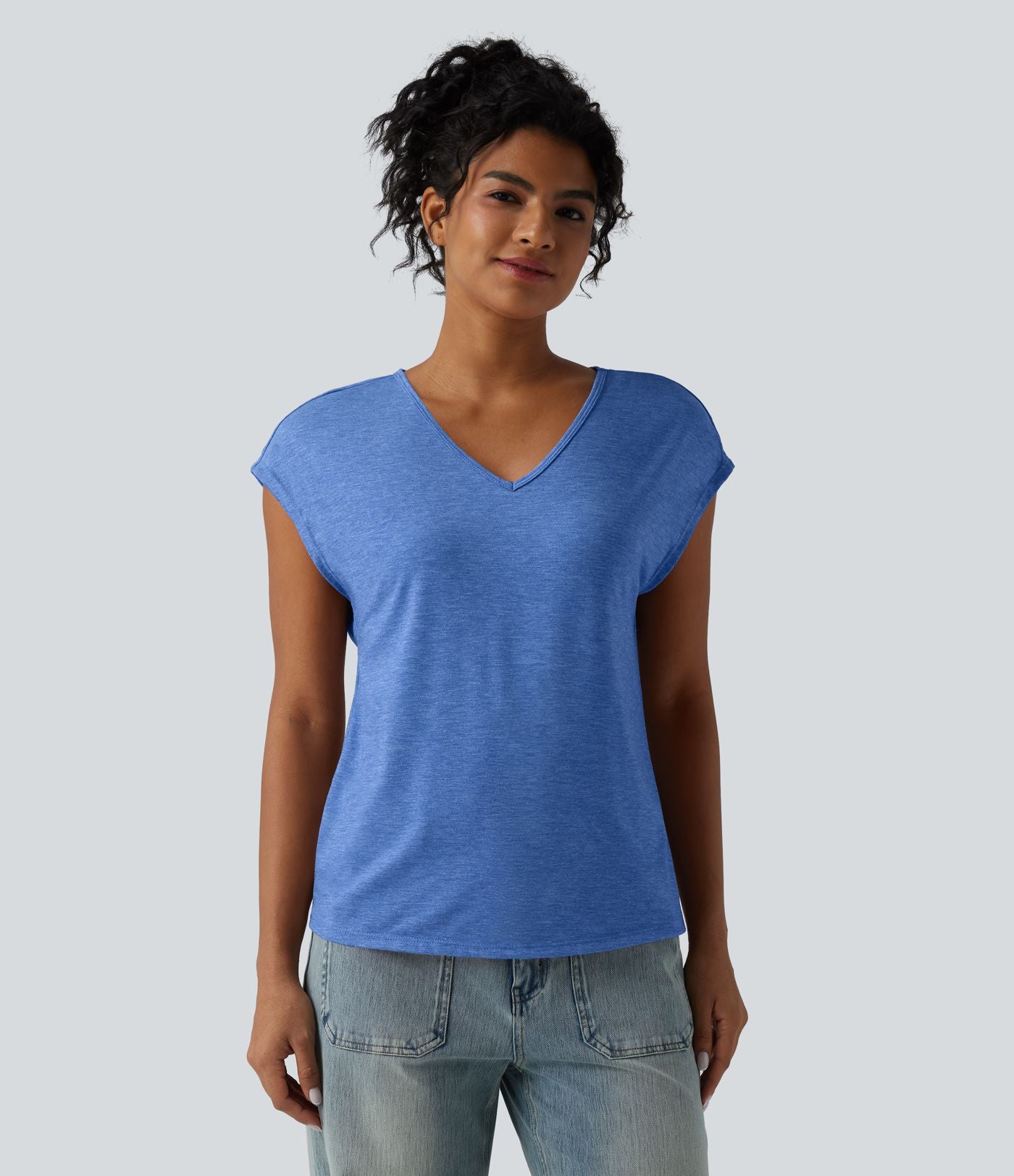 T-shirt décontracté chiné ample à manches courtes et col V