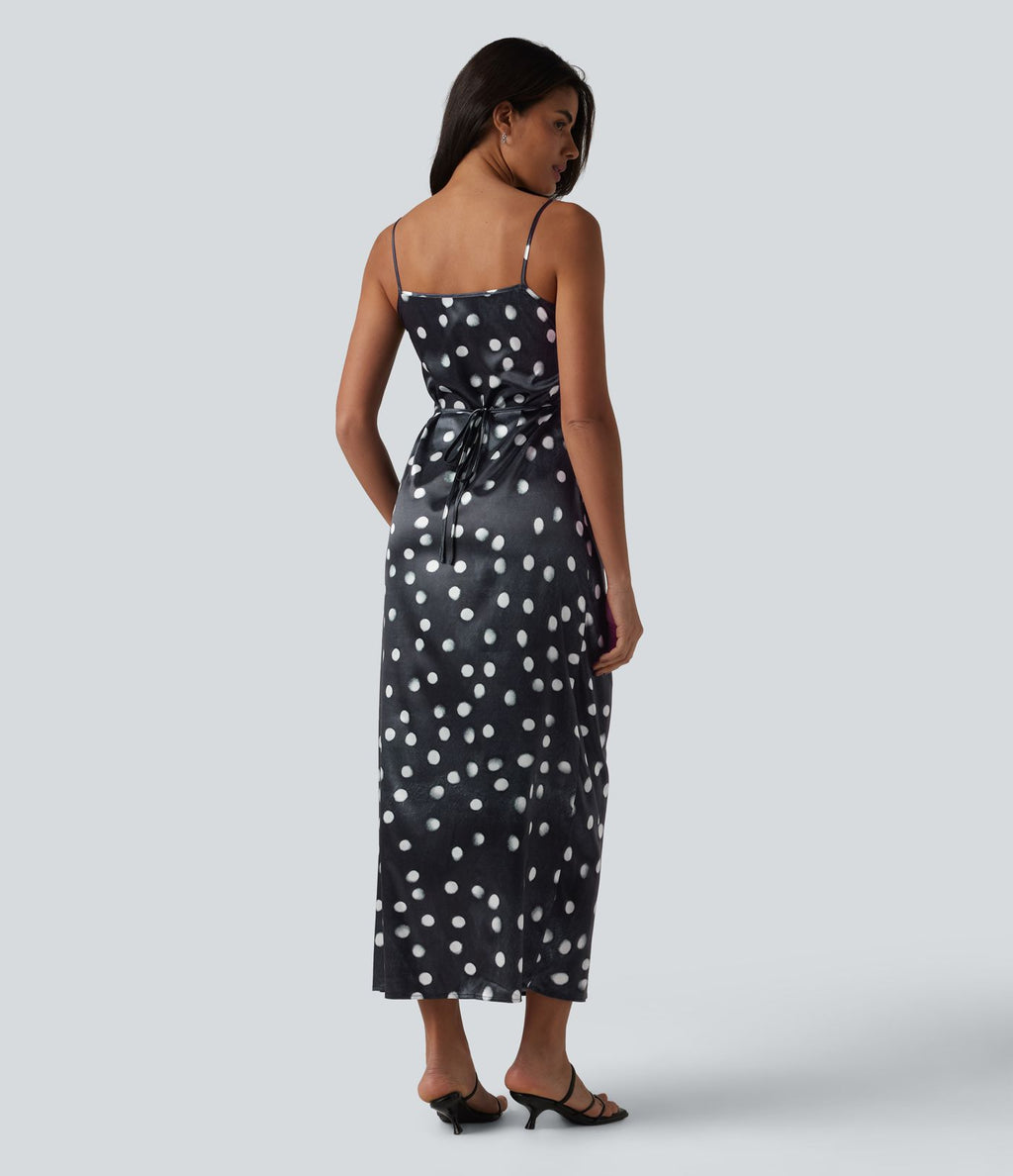 Robe mariage maxi en satin à pois froncée avec fermeture éclair invisible et lien noué dans le dos pour demoiselle d'honneur et invitée de mariage