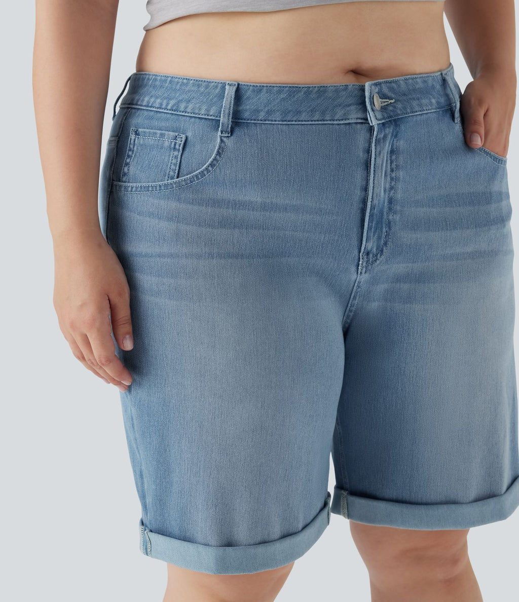 Short bermuda casual denim grande taille Halara Flex™ tricot extensible délavé taille haute multiples poches ourlet roulotté