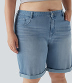 Short bermuda casual denim grande taille Halara Flex™ tricot extensible délavé taille haute multiples poches ourlet roulotté