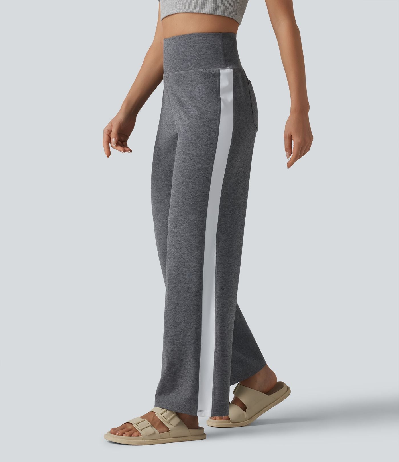Pantalon droit taille haute à rayures séchage rapide avec poches