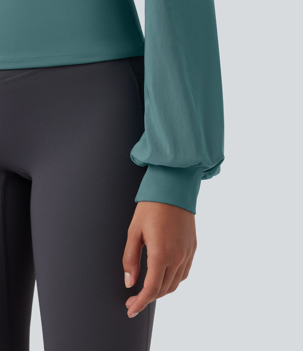 Haut de sport de yoga SoftlyZero™ aérien dos nu dos-nu manches longues bishop mesh contrastant - UPF50+