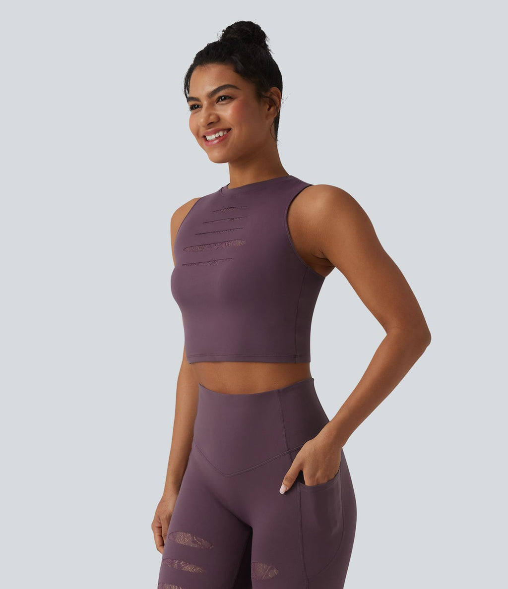 Débardeur yoga court SoftlyZero™ col rond déchiré avec dentelle contrastante - UPF50+