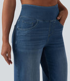 Halara Flex™ Jean large casual taille haute ventre plat, en lyocell drapé effet délavé, avec poches