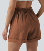 Short resort 12,5 cm taille haute effet lin avec ourlet roulotté et poches