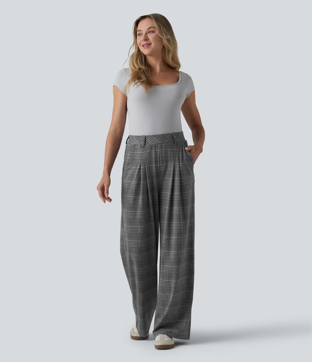 Pantalon large taille haute à carreaux pied-de-poule avec poches