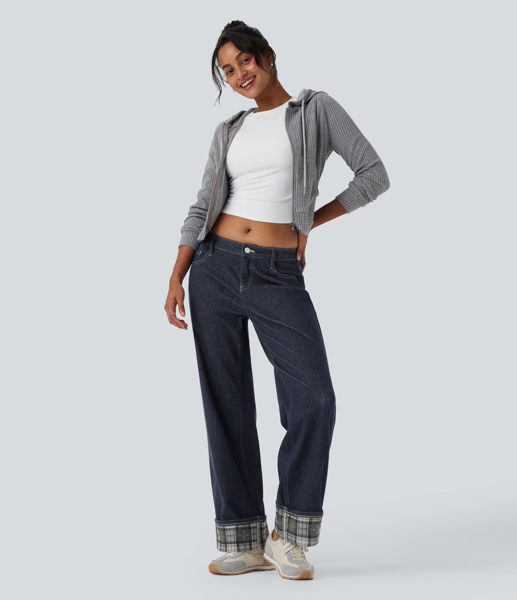 Jean large Halara Flex™ taille basse à carreaux contrastants ourlet roulé avec poches